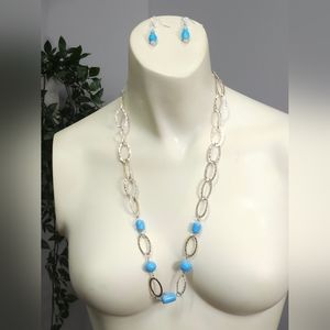 Upcycled Aqua Blue Bead and Silver Chain Loop 3 Piece Jewelry Collection